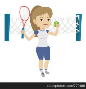 Caucasian sportswoman playing tennis. Smiling tennis player standing on the court. Happy female tennis player holding a racket and a ball. Vector flat design illustration isolated on white background.. Female tennis player vector illustration.