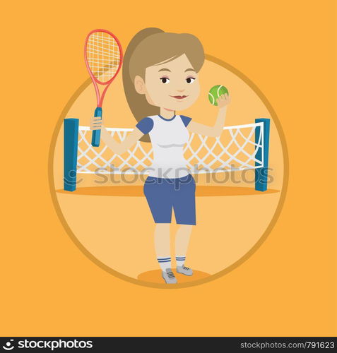 Caucasian sportswoman playing tennis. Smiling tennis player standing on the court. Tennis player holding a racket and a ball. Vector flat design illustration in the circle isolated on background.. Female tennis player vector illustration.