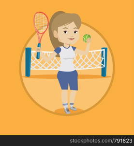 Caucasian sportswoman playing tennis. Smiling tennis player standing on the court. Tennis player holding a racket and a ball. Vector flat design illustration in the circle isolated on background.. Female tennis player vector illustration.