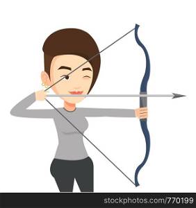 Caucasian sportswoman practicing in archery. Concentrated archery player training with the bow. Archery player aiming with a bow in hands. Vector flat design illustration isolated on white background.. Archer training with the bow vector illustration.
