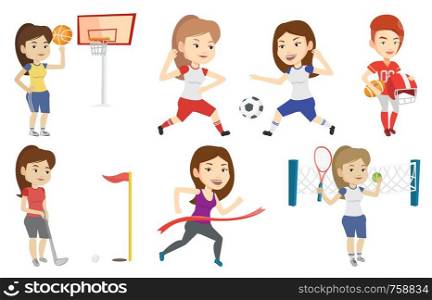 Caucasian sportswoman running through finishing line. Cheerful winner crossing finishing line. Winner breaking the finishing line. Set of vector flat design illustrations isolated on white background.. Vector set of sport characters.