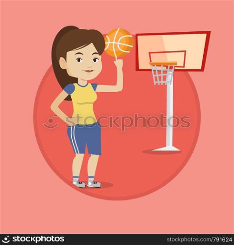 Caucasian sportswoman spinning basketball ball on her finger. Basketball player standing on the court. Basketball player in action. Vector flat design illustration in the circle isolated on background. Young basketball player spinning ball.