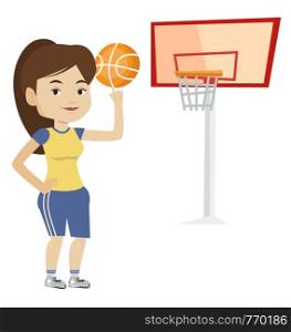 Caucasian sportswoman spinning basketball ball on her finger. Young basketball player standing on the court. Basketball player in action. Vector flat design illustration isolated on white background.. Young basketball player spinning ball.