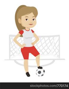 Caucasian sportswoman standing with football ball on the stadium. Professional female football player standing with ball on the field. Vector flat design illustration isolated on white background.. Football player with ball vector illustration.