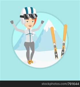 Caucasian sportswoman standing with skis on the background of mountains. Cheerful woman skiing. Skier resting in the mountains. Vector flat design illustration in the circle isolated on background.. Cheerful skier standing with raised hands.
