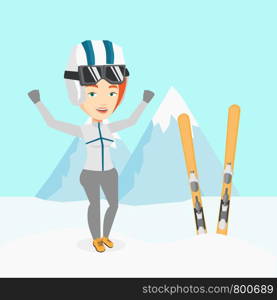 Caucasian sportswoman standing with skis on the background of mountains. Young woman skiing. Cheerful skier resting in the mountains during sunny day. Vector flat design illustration. Square layout.. Cheerful skier standing with raised hands.