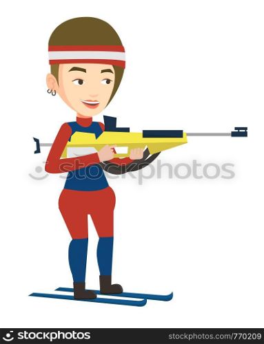 Caucasian sportswoman taking part in ski biathlon competition. Biathlon runner aiming at the target. Female biathlon shooter with a weapon. Vector flat design illustration isolated on white background. Cheerful biathlon runner aiming at the target.