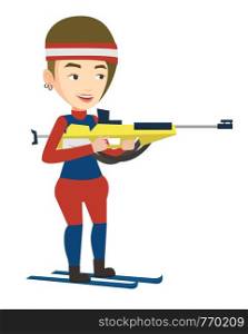 Caucasian sportswoman taking part in ski biathlon competition. Biathlon runner aiming at the target. Female biathlon shooter with a weapon. Vector flat design illustration isolated on white background. Cheerful biathlon runner aiming at the target.