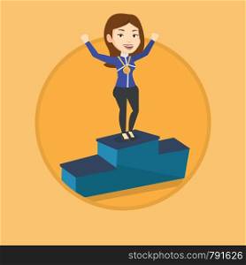 Caucasian sportswoman with gold medal and raised hands standing on the winners podium. Woman celebrating on the winners podium. Vector flat design illustration in the circle isolated on background.. Sportswoman celebrating on the winners podium.