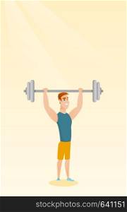 Caucasian sporty man lifting a heavy weight barbell. Young strong sportsman doing exercise with barbell. Weightlifter holding a barbell above his head. Vector flat design illustration. Vertical layout. Man lifting barbell vector illustration.