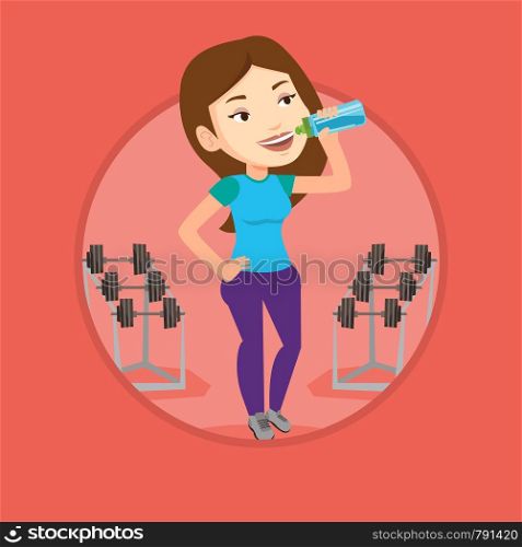 Caucasian sporty woman drinking water. Young woman standing with bottle of water in the gym. Smiling sportswoman drinking water. Vector flat design illustration in the circle isolated on background.. Sportive woman drinking water vector illustration.