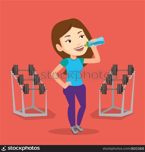 Caucasian sporty woman drinking water. Young woman standing with bottle of water in the gym. Smiling sportswoman drinking water from the bottle. Vector flat design illustration. Square layout.. Sportive woman drinking water vector illustration.