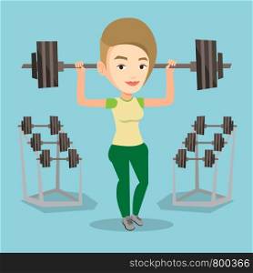 Caucasian sporty woman lifting a heavy weight barbell. Strong sportswoman doing exercise with barbell. Female weightlifter holding a barbell in the gym. Vector flat design illustration. Square layout.. Woman lifting barbell vector illustration.