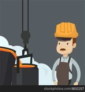 Caucasian steelworker in a hardhat at work in the foundry. Steelworker controlling iron smelting in the foundry. Industrial worker in steel making plant. Vector flat design illustration. Square layout. Steelworker in hardhat at work in the foundry.