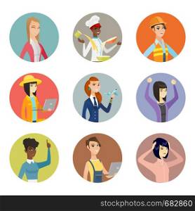 Caucasian stewardess holding a model of airplane. Stewardess with model of airplane. Set of different professions. Set of vector flat design illustrations in the circle isolated on white background.. Vector set of characters of different professions.
