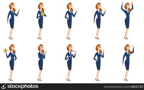 Caucasian stewardess showing victory gesture. Stewardess showing victory sign with two fingers. Stewardess with victory gesture. Set of vector flat design illustrations isolated on white background.. Vector set of stewardess characters.