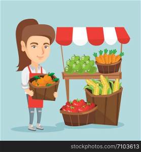 Caucasian street seller standing near the stall with fruits and vegetables. Street seller standing near the market stall and holding a basket of oranges. Vector cartoon illustration. Square layout.. Caucasian street seller with fruits and vegetables