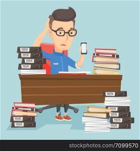 Caucasian stressed office worker. Overworked man feeling stress from work. Stressful employee sitting at workplace. Stress at work concept. Vector flat design illustration. Square layout.. Despair business man working in office.