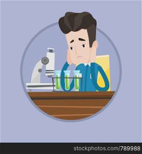 Caucasian student carrying out laboratory experiment. Student working in laboratory class. Student failed laboratory experiment. Vector flat design illustration in the circle isolated on background.. Student working in laboratory class.