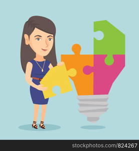 Caucasian student completing idea lightbulb made of puzzle. Young smiling student inserts the missing puzzle in an idea lightbulb. Business idea concept. Vector cartoon illustration. Square layout.. Student with idea lightbulb vector illustration.
