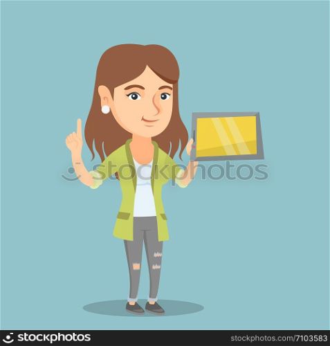 Caucasian student holding a tablet computer and pointing forefinger up. Student using a tablet computer for education. Concept of educational technology. Vector cartoon illustration. Square layout.. Young caucasian student using a tablet computer.