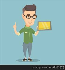 Caucasian student holding tablet computer and pointing forefinger up. Student using a tablet computer for education. Concept of educational technology. Vector flat design illustration. Square layout.. Student using tablet computer vector illustration.