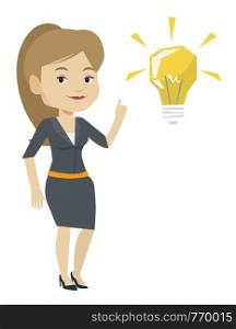 Caucasian student pointing her finger up at the idea bulb. Young excited female student with bright idea bulb. Student having a great idea. Vector flat design illustration isolated on white background. Student pointing at idea bulb vector illustration