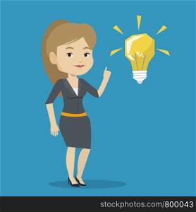 Caucasian student pointing her finger up at the idea bulb. Young excited female student with bright idea bulb. Smiling student having a great idea. Vector flat design illustration. Square layout.. Student pointing at idea bulb vector illustration