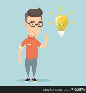 Caucasian student pointing his finger up at the idea bulb. Young excited student with bright idea bulb. Smart smiling student having a great idea. Vector flat design illustration. Square layout.. Student pointing at idea bulb vector illustration