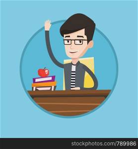 Caucasian student raising hand for an answer. Student sitting at the desk with raised hand. Schoolboy raising his hand at lesson. Vector flat design illustration in the circle isolated on background.. Student raising hand in class for an answer.