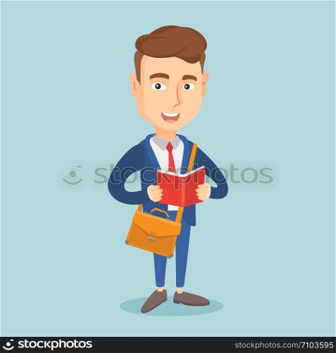 Caucasian student reading a book. Happy student reading a book and preparing for exam. Excited student standing with book in hands. Concept of education. Vector flat design illustration Square layout. Student reading book vector illustration.