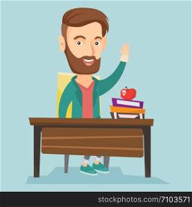 Caucasian student sitting at the desk with raised hand. Student raising hand in the classroom for an answer. Clever student raising his hand at lesson. Vector flat design illustration. Square layout.. Student raising hand in class for an answer.
