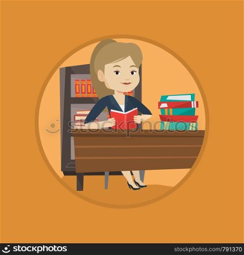 Caucasian student sitting at the table and holding a book in hands. Cheerful female student reading a book and preparing for exam. Vector flat design illustration in the circle isolated on background.. Student reading book vector illustration.