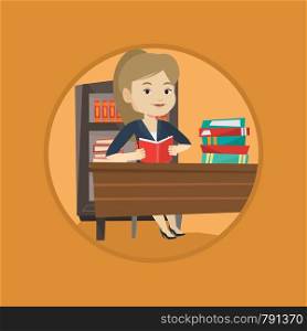 Caucasian student sitting at the table and holding a book in hands. Cheerful female student reading a book and preparing for exam. Vector flat design illustration in the circle isolated on background.. Student reading book vector illustration.