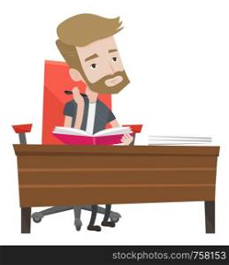 Caucasian student sitting at the table and thinking. Thinking student writing in exercise book. Thinking hipster student doing homework. Vector flat design illustration isolated on white background.. Student writing at the desk vector illustration.