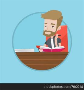 Caucasian student sitting at the table and thinking. Thinking student writing in exercise book. Thinking student doing homework. Vector flat design illustration in the circle isolated on background.. Student writing in notebook vector illustration.