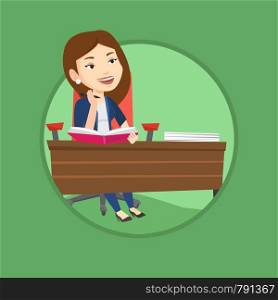 Caucasian student sitting at the table and thinking. Thinking student writing in exercise book. Thinking student doing homework. Vector flat design illustration in the circle isolated on background.. Student writing at the desk vector illustration.