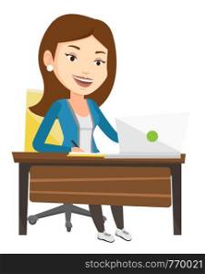 Caucasian student sitting at the table with laptop and writing notes. Student using laptop for education. Educational technology concept. Vector flat design illustration isolated on white background.. Student using laptop for education.