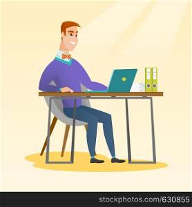 Caucasian student sitting at the table with laptop. Student using laptop for education. Business man working on a laptop. Educational technology concept. Vector flat design illustration. Square layout. Student using laptop for education.
