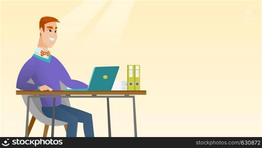 Caucasian student sitting at the table with laptop. Student using laptop for education. Student working on a laptop. Educational technology concept. Vector flat design illustration. Horizontal layout.. Student using laptop for education.