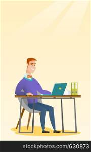 Caucasian student sitting at the table with laptop. Student using laptop for education. Business man working on laptop. Educational technology concept. Vector flat design illustration. Vertical layout. Student using laptop for education.