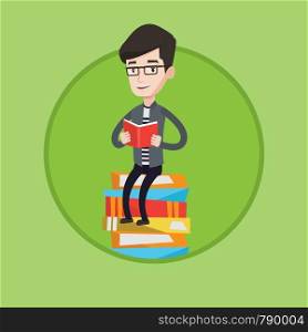 Caucasian student sitting on huge pile of books. Student reading book. Smiling man sitting on stack of books with book in hands. Vector flat design illustration in the circle isolated on background.. Student sitting on huge pile of books.