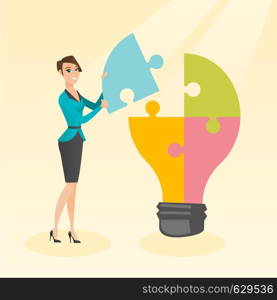 Caucasian student standing near idea bulb. Young excited female student takes apart idea light bulb made of puzzle. Smiling student having a great idea. Vector flat design illustration. Square layout.. Student with idea lightbulb vector illustration.