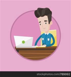 Caucasian student working on a laptop and writing notes. Student using laptop for education. Concept of educational technology. Vector flat design illustration in the circle isolated on background.. Student using laptop for education.