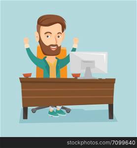 Caucasian successful business man celebrating at workplace. Successful hipster business man celebrating business success. Successful business concept. Vector flat design illustration. Square layout.. Successful business man vector illustration.