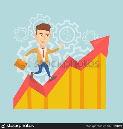 Caucasian successful business man standing on profit chart. Young happy business man running along the profit chart. Business profit concept. Vector flat design illustration. Square layout.. Happy business man standing on profit chart.