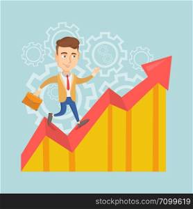 Caucasian successful business man standing on profit chart. Young happy business man running along the profit chart. Business profit concept. Vector flat design illustration. Square layout.. Happy business man standing on profit chart.