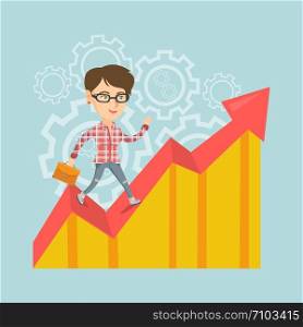 Caucasian successful business manager standing on profit chart. Young happy business manager running along the profit chart. Business profit concept. Vector cartoon illustration. Square layout.. Happy business manager standing on profit chart.