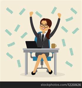 Caucasian successful business woman,flat female is sitting at the table with her hands up and rejoicing,falling money,vector illustration
