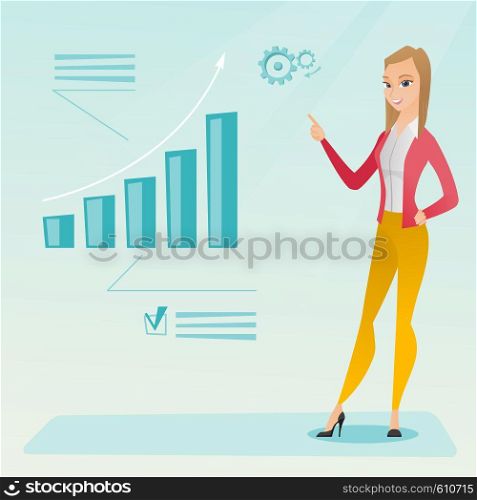 Caucasian successful business woman pointing at chart going up. Cheerful business woman satisfied by her business success. Business success concept. Vector flat design illustration. Square layout.. Successful business woman pointing at chart.